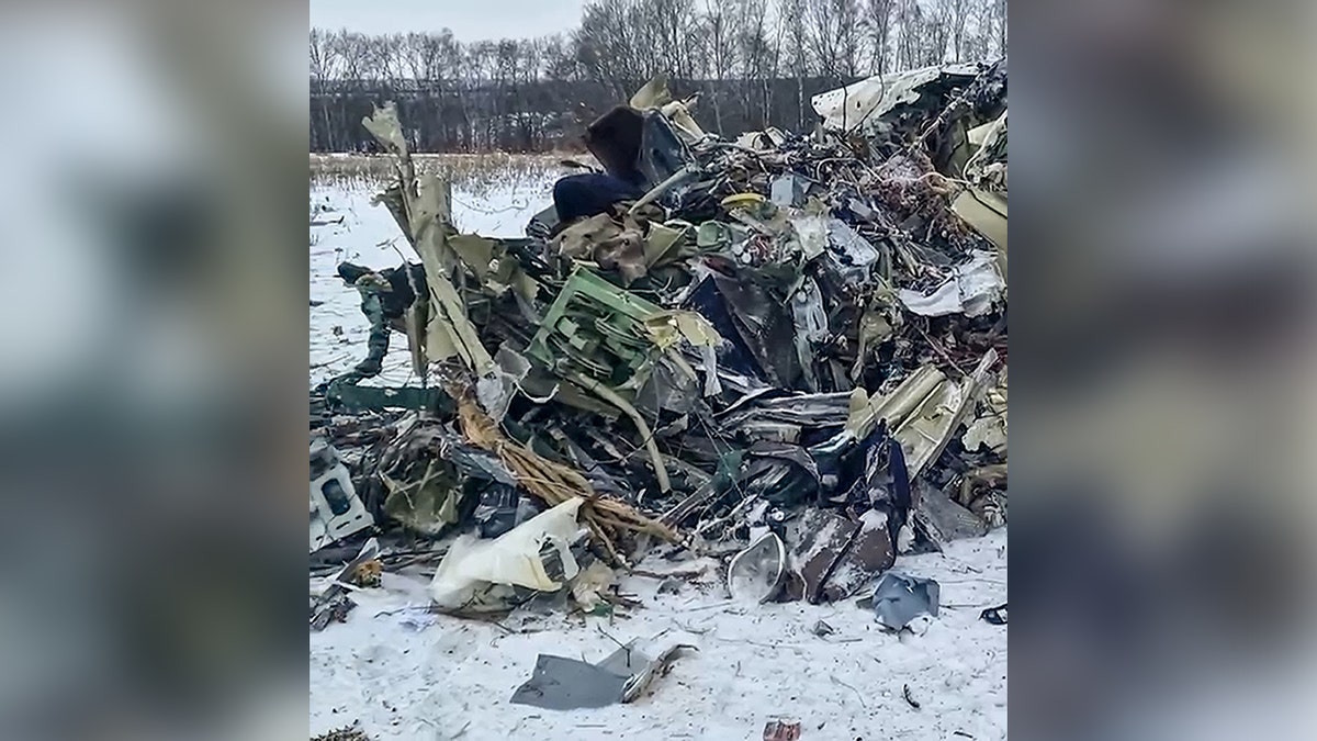 A view of the wreckage of a Russian military transport plane that crashed in Belgorod