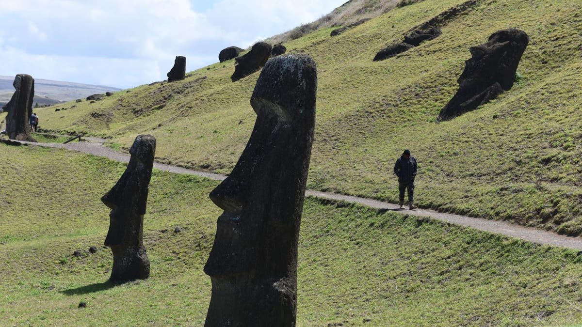 Man walking on path near statues