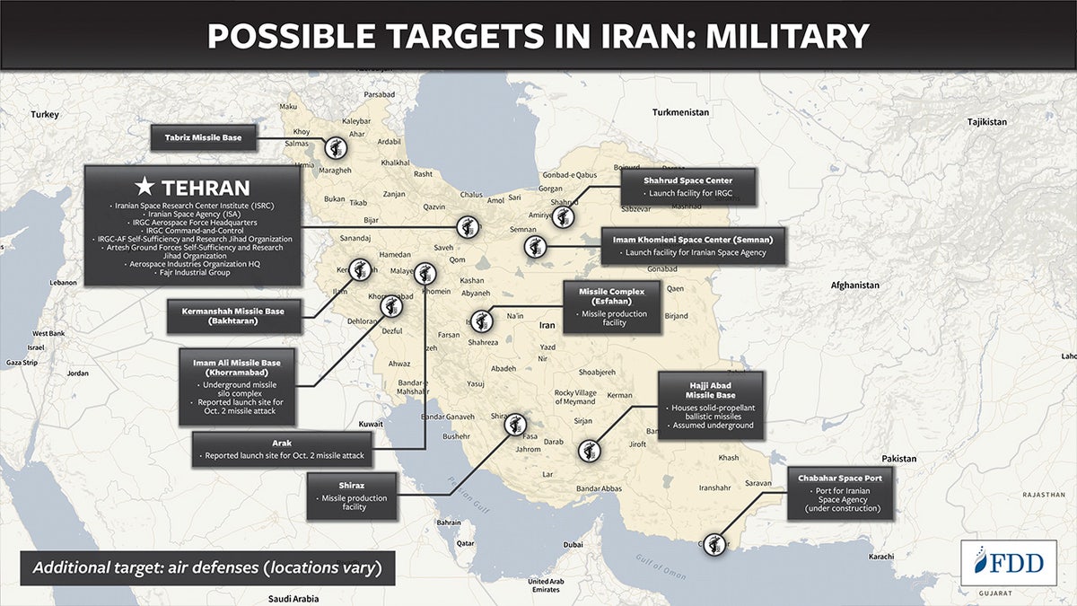 The Foundation for Defense of Democracies has analyzed where Iran's military targets are located as Israel mulls a retaliatory attack.