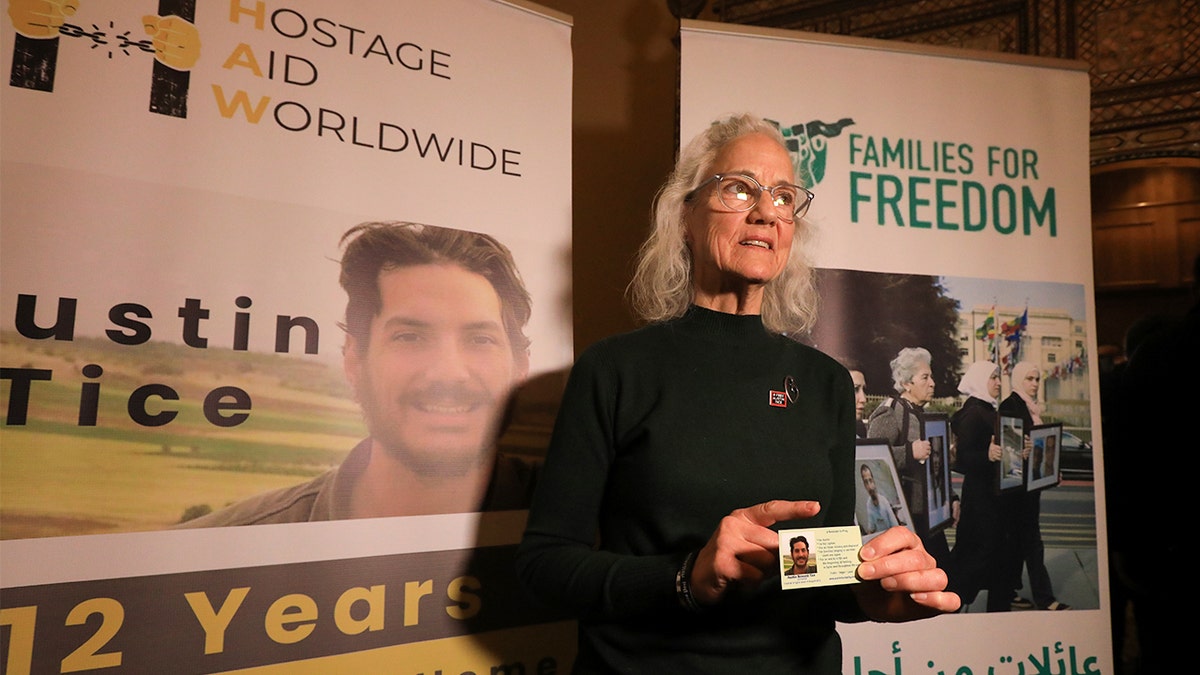 Debra Tice, mother of missing Marine veteran Austin Tice, attends a press conference