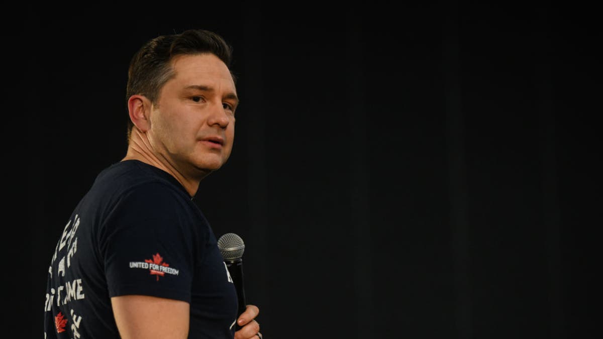 Leader of Canada's Conservative Party, Pierre Poilievre, speaks during at a rally in Edmonton, on March 27, 2024, in Edmonton, Alberta, Canada.