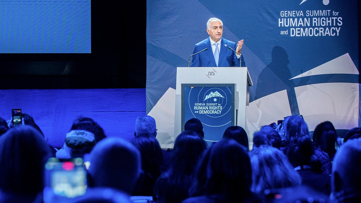 Iranian Crown Prince Reza Pahlavi delivers the keynote address at a summit in Geneva