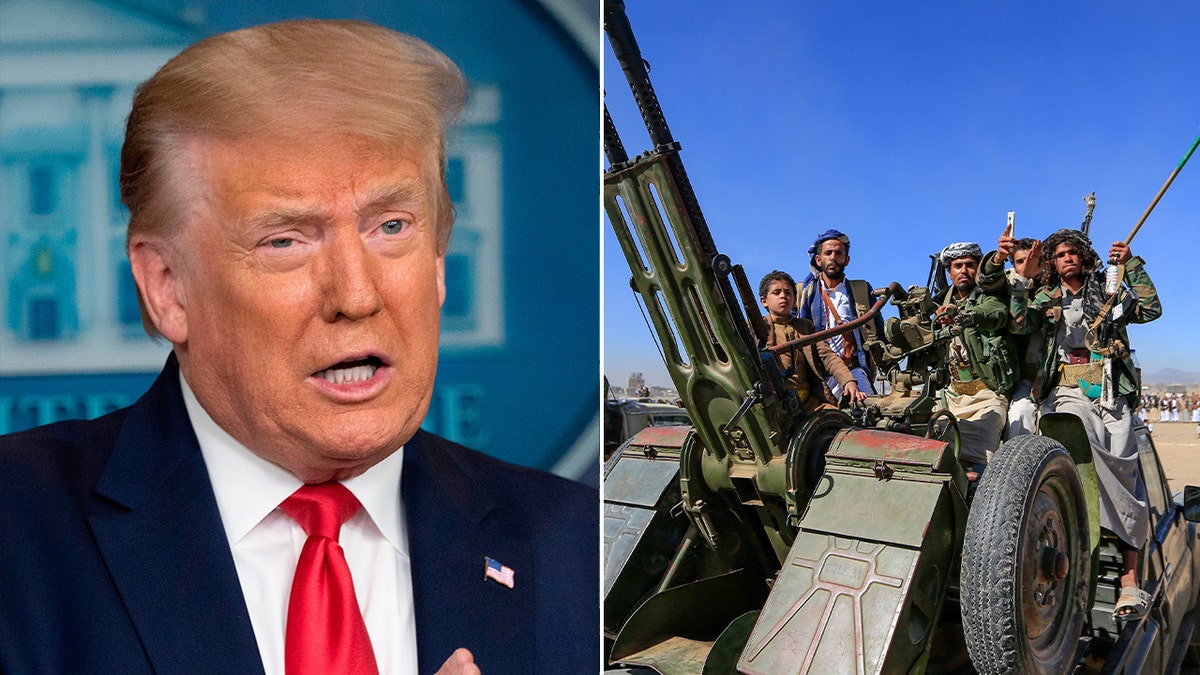 President Donald Trump is pictured next to Houthi fighters riding military vehicles