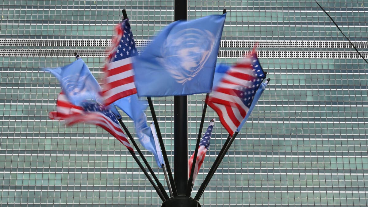 Flags of the UN and USA fly outside the United Nations headquarters ahead of the 78th session of the United Nations General Assembly in New York City on September 15, 2023.