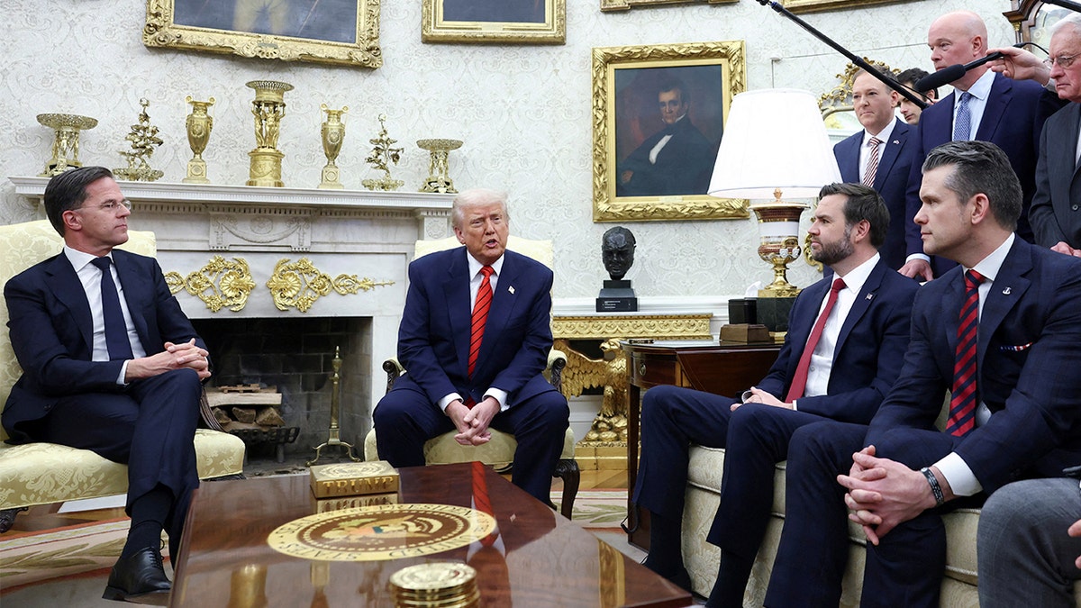 President Donald Trump reacts as he meets NATO Secretary General Mark Rutte