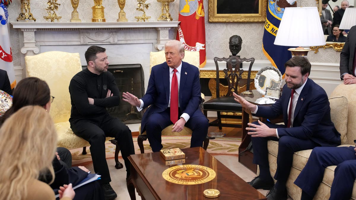 U.S. President Donald Trump (C) and Vice President JD Vance meet with Ukrainian President Volodymyr Zelensky in the Oval Office at the White House on February 28, 2025 in Washington, DC. 