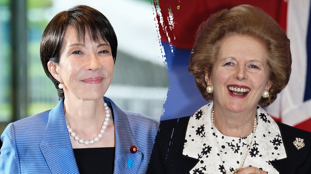 Newly elected Japanese Prime Minister Sanae Takaichi alongside a split image showing former British Prime Minister Margaret Thatcher on the right.