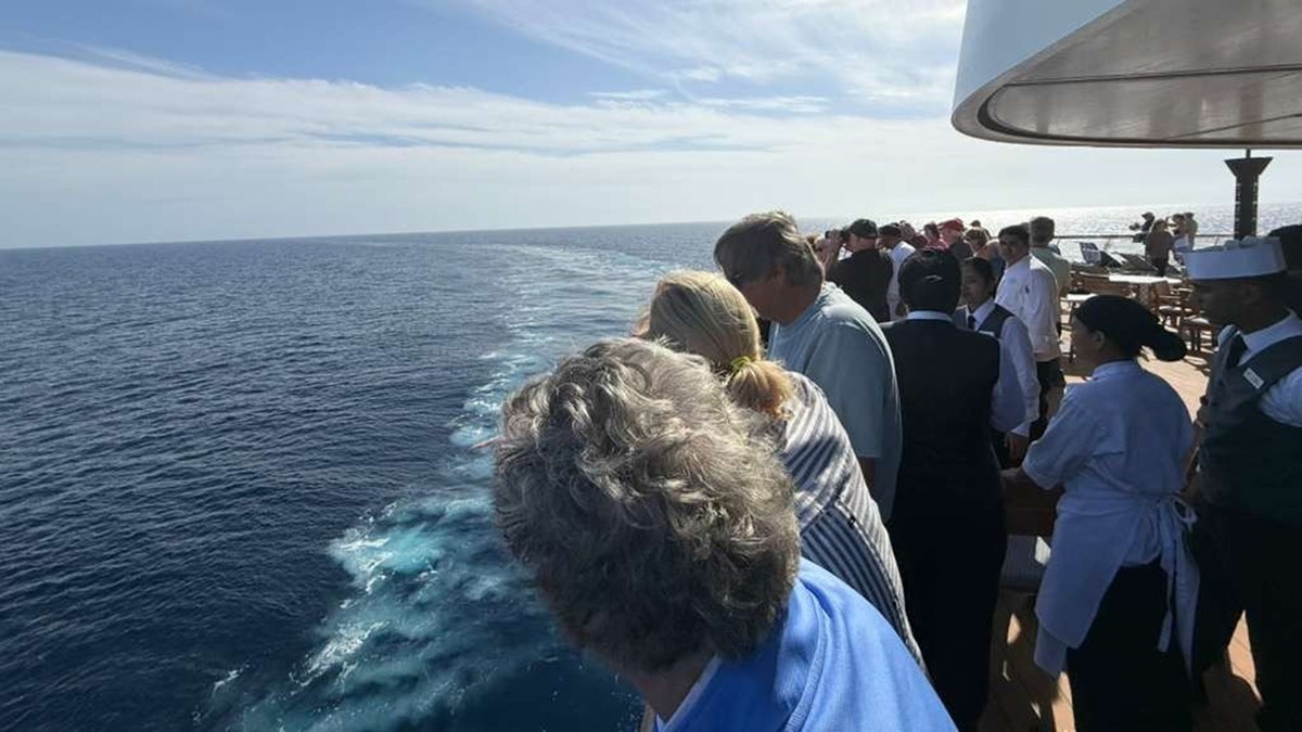 passengers looking over the ship's railing into the sea