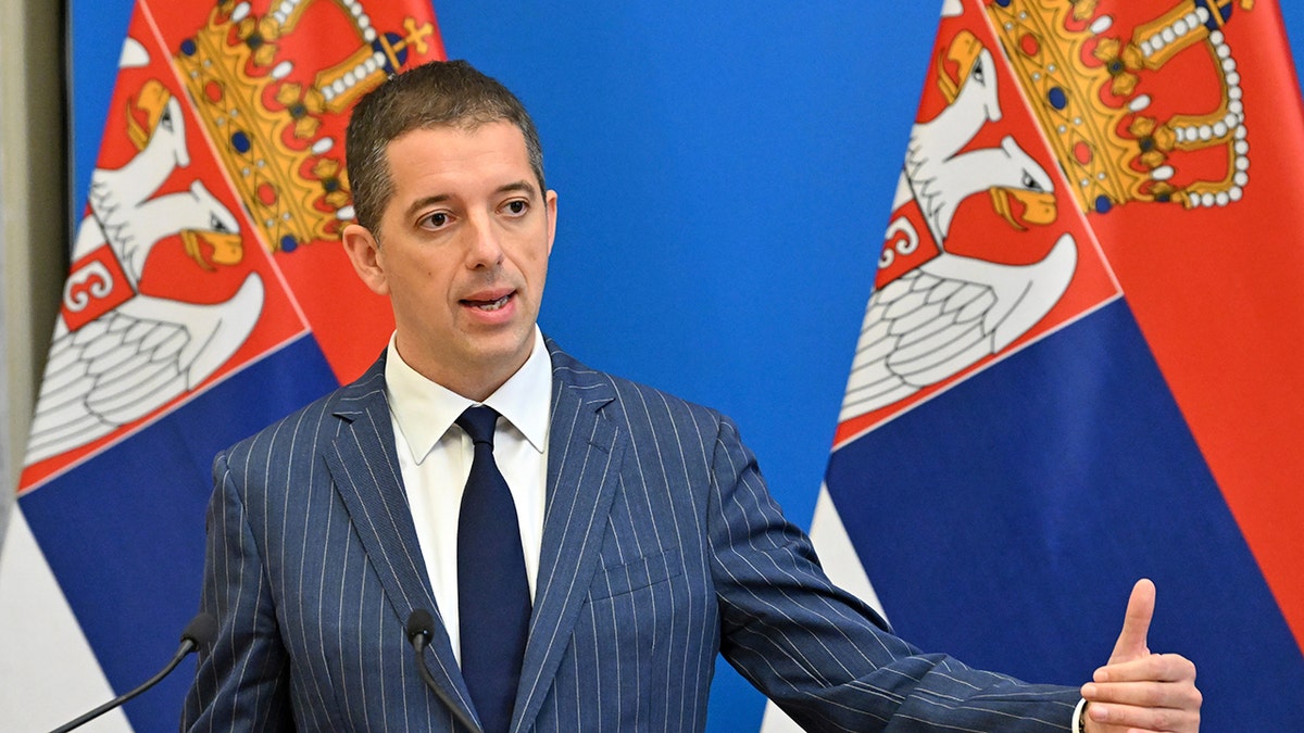 Serbian Foreign Minister Marko Djuric speaking at a press conference.