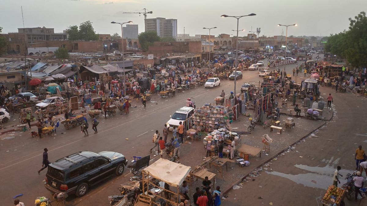 Crowded street market in Niamey, Niger.