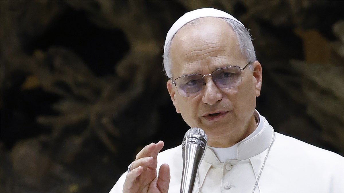 Pope Leo speaking into a microphone