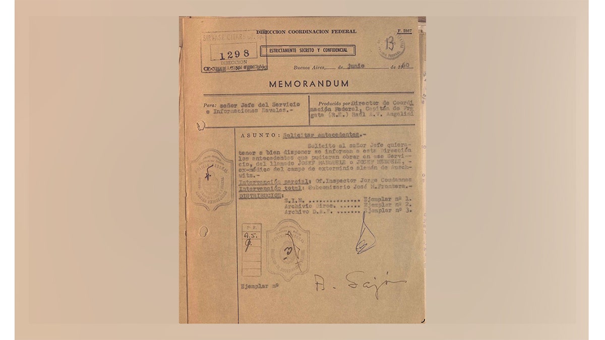 Argentine federal police memo on Josef Mengele