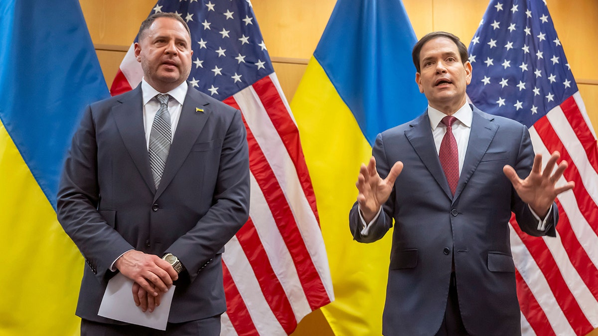 Ukraine's Andriy Yermak with U.S. Secretary of State Marco Rubio in Geneva.