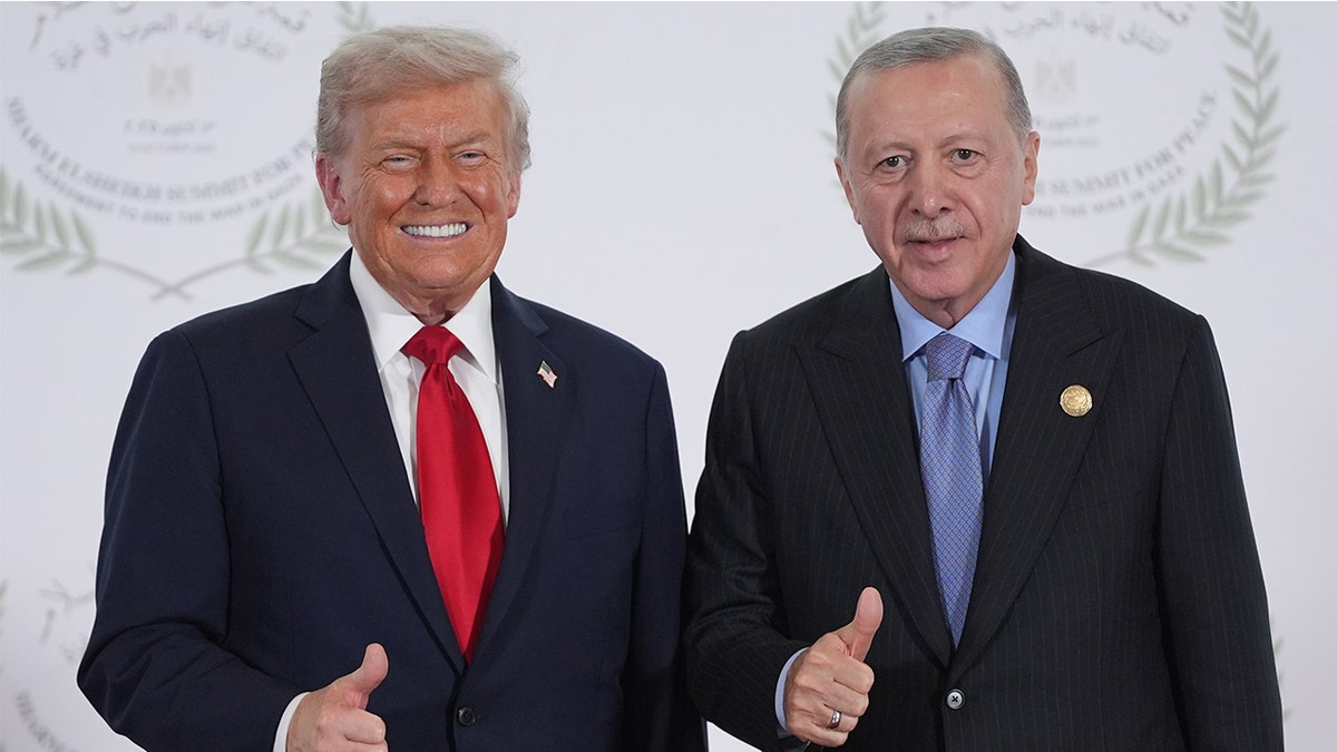 President Donald Trump greets Turkey's President Recep Tayyip Erdogan during a summit to support ending the more than two-year Israel-Hamas war in Gaza after a breakthrough ceasefire deal, Monday, Oct. 13, 2025, in Sharm El Sheikh, Egypt.