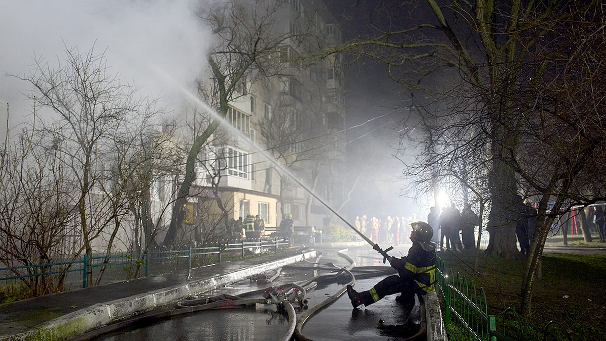 Ukrainian firefighters put out a fire.