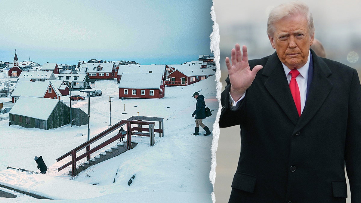 Split image of people walking in Nuuk, Greenland, and President Donald Trump waving his hand