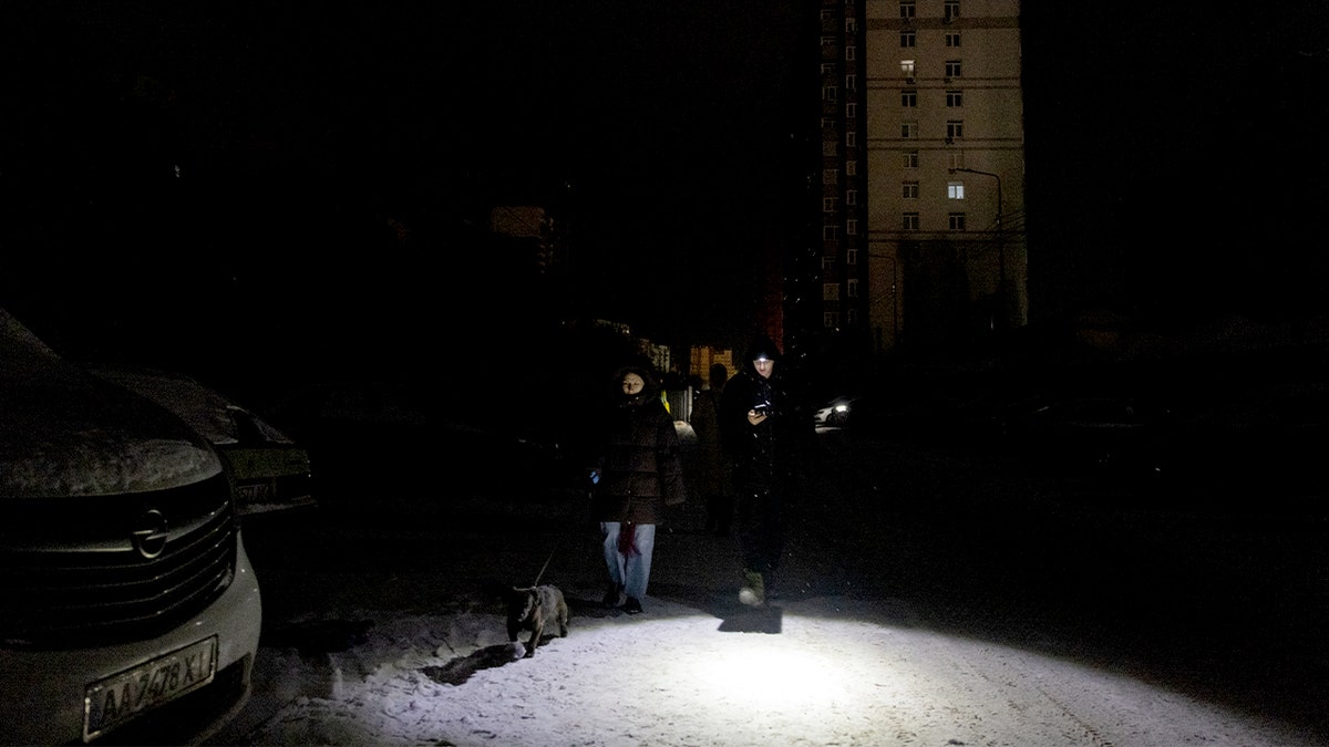 People navigate a dark residential street while walking a dog during an extended outage.