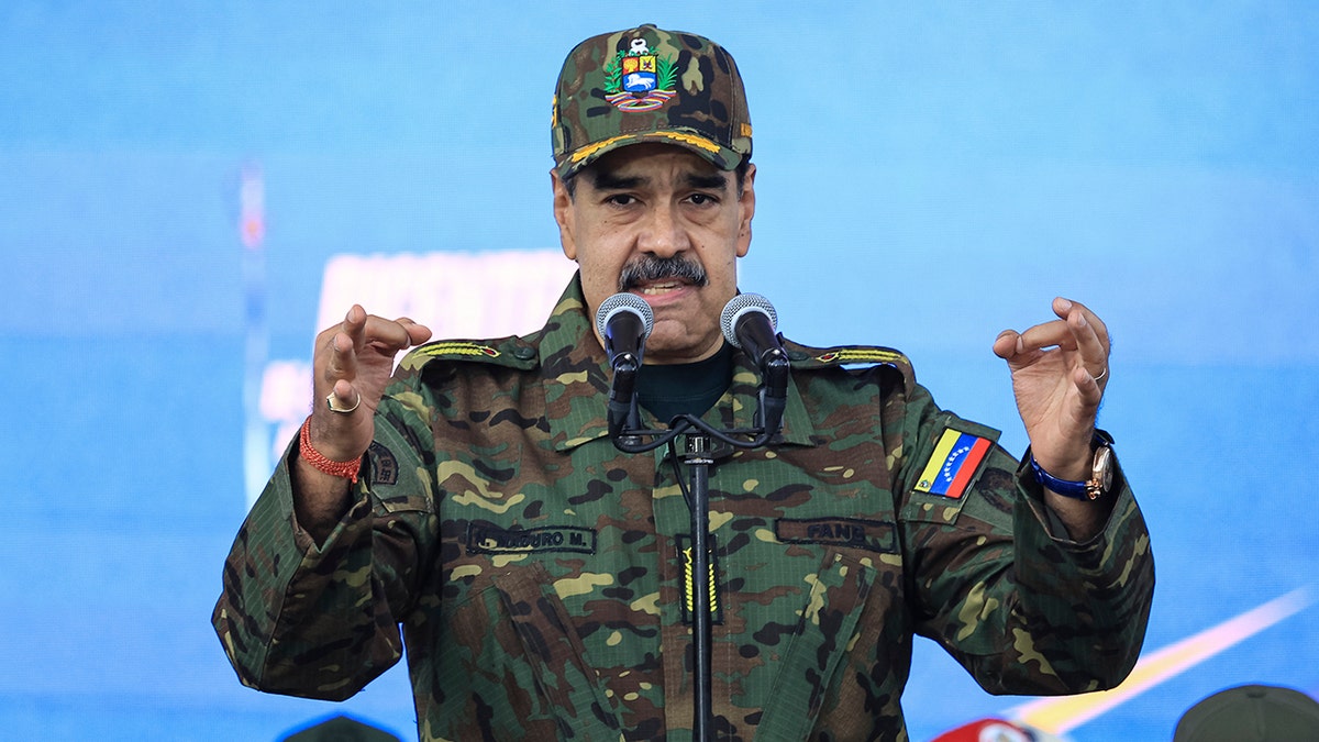 Nicolás Maduro speaks during a military ceremony