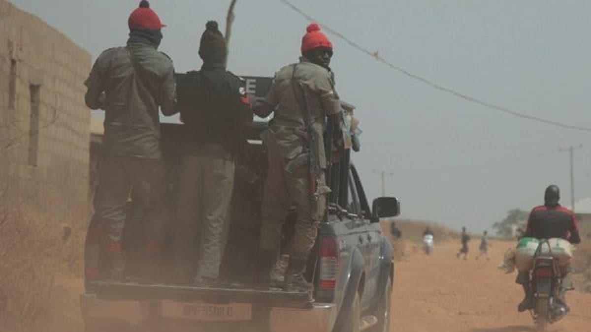 Security officers patrol the area near to the site where gunmen abducted German archaeologists professor Peter Breunig and his associate Johannes Behringer in Janjala Village, Nigeria. Friday, Feb. 24, 2017. Kidnappers are demanding a ransom of 60 million naira (about Dlrs 200,000 US) for the two captives abducted this week from Janjala village in northern Nigeria, the excavation site where the German archaeologists was working. Two villagers were shot and killed in the kidnapping, police confirmed Friday. (AP Photo/Lekan Oyekanmi )