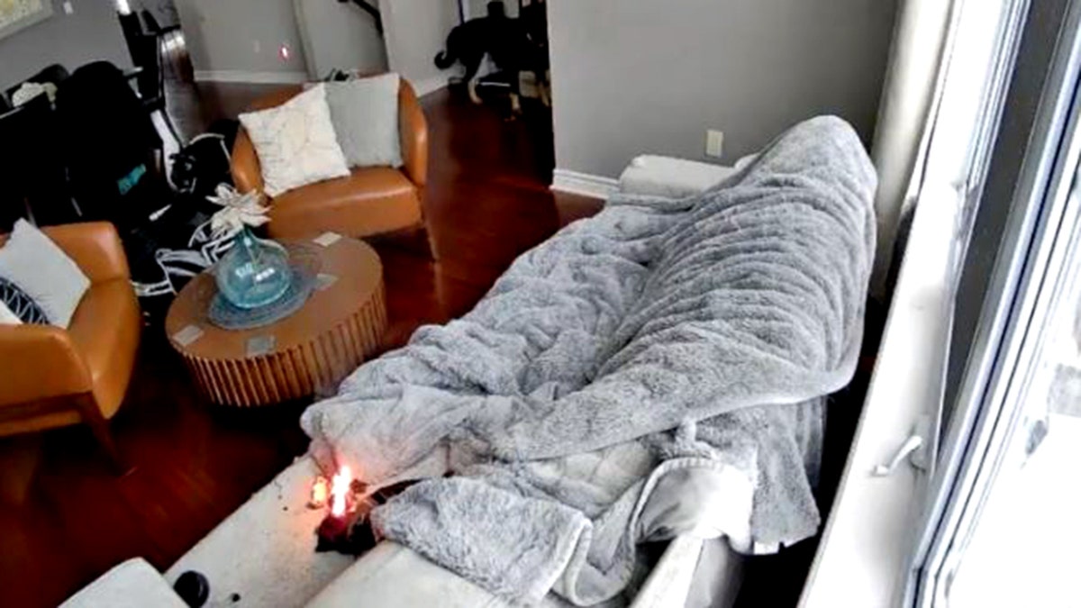 glove on fire on couch