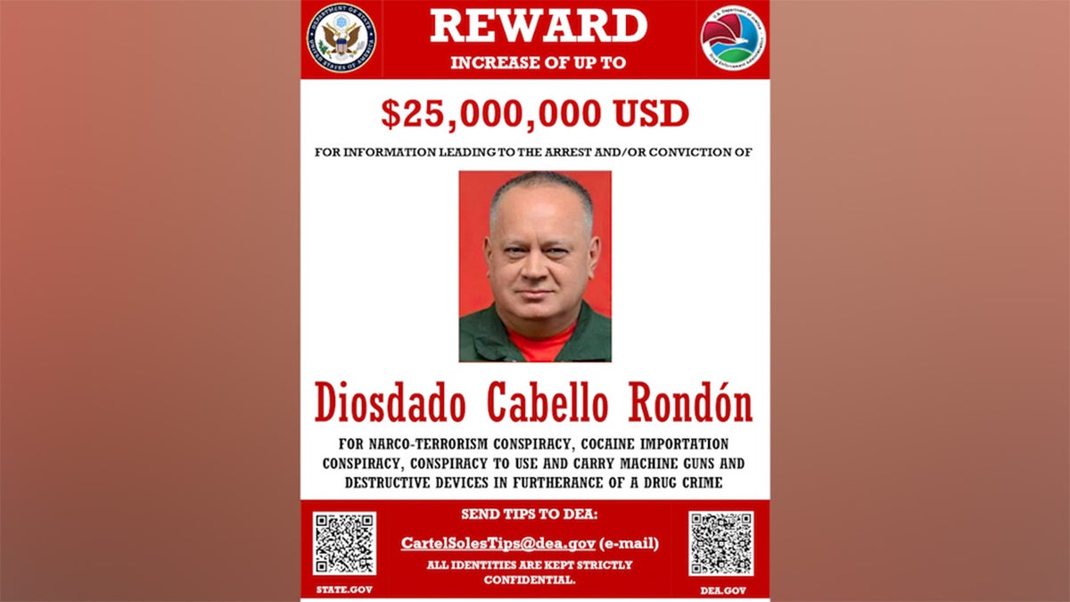 A U.S. State Department "wanted" poster for senior Venezuelan regime figure Diosdado Cabello Rondon, whom U.S. authorities have accused of ties to narcotics trafficking and narco-terrorism