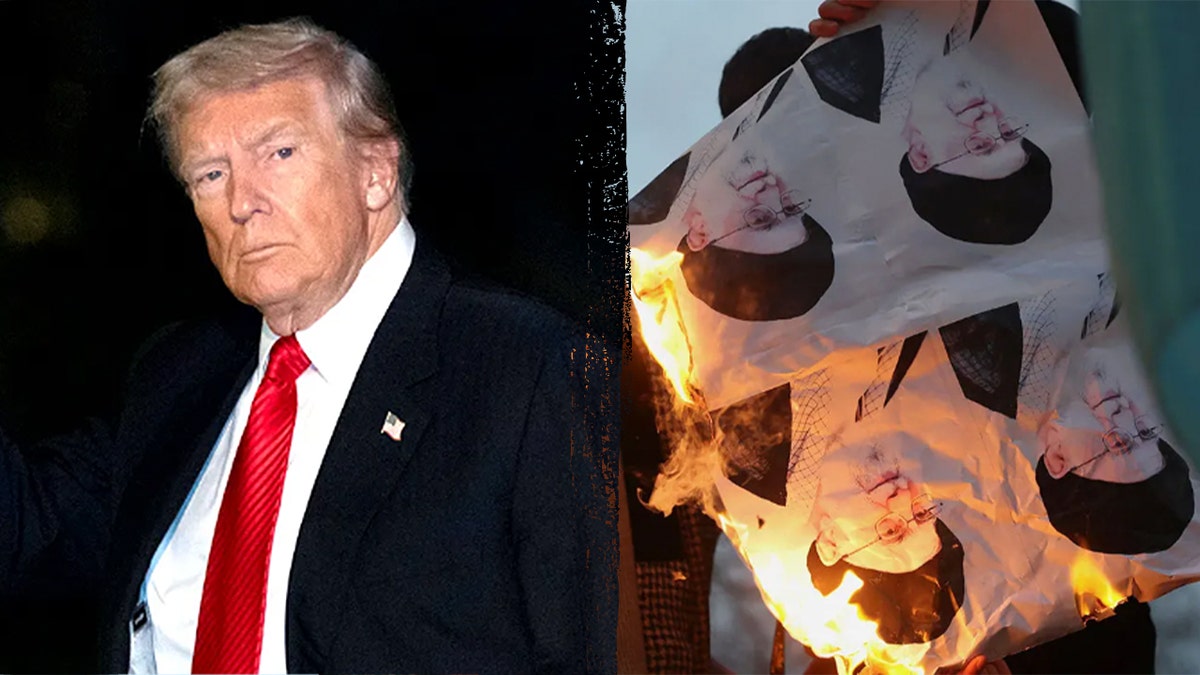 Trump and protester burning image of Ayatollah Khamenei