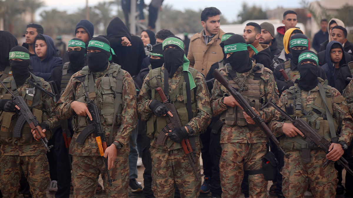 Hamas terrorists in Gaza on feb. 8, 2025