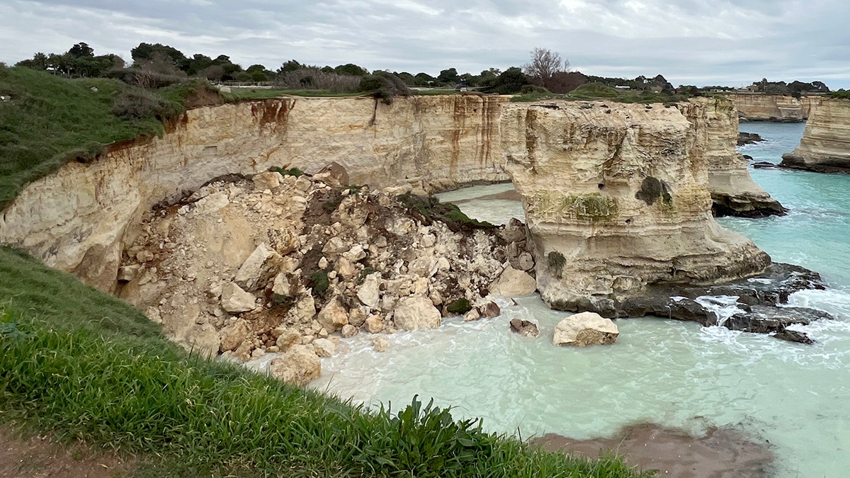 Rubble seen in pile at site of Lovers' Arch collapse in Italy