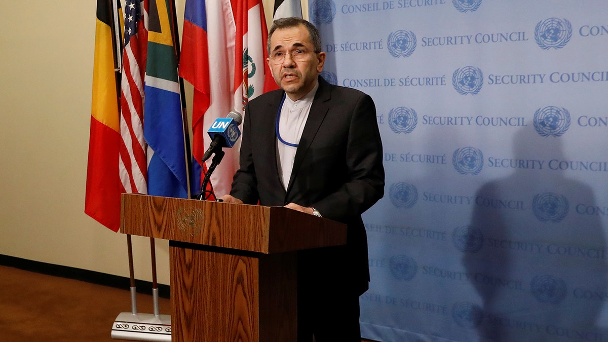 Majid Takht-Ravanchi speaks outside U.N. headquarters