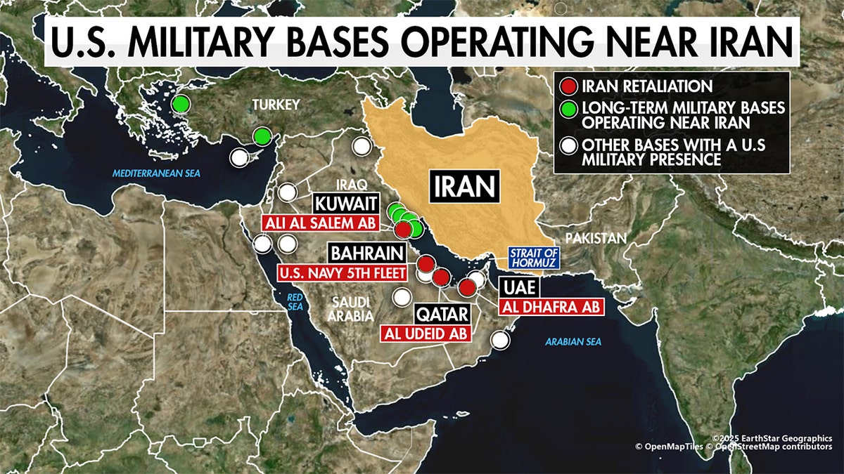 map showing locations of US bases in Middle East in relation to Iran