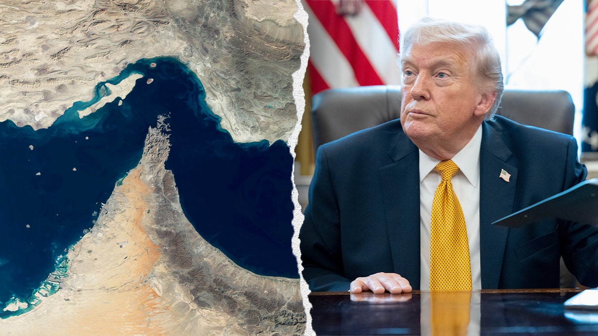 A split image featuring an aerial satellite view of the Strait of Hormuz and President Donald Trump seated at a desk
