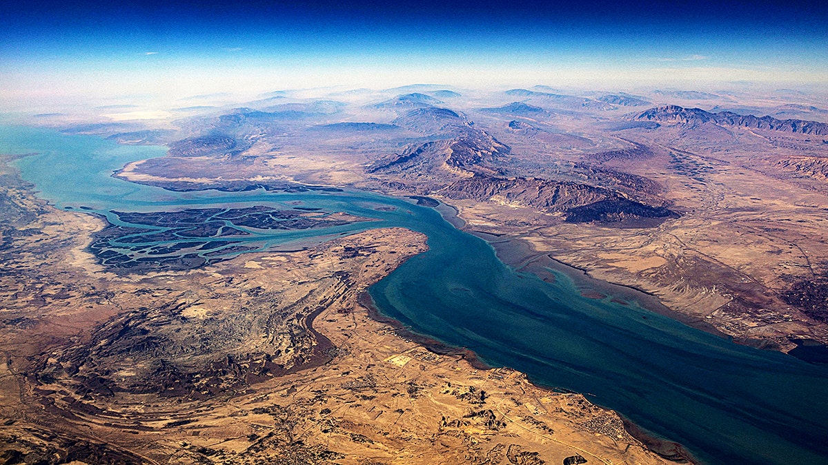 Qeshm island and the Clarence Strait seen from an aerial perspective.