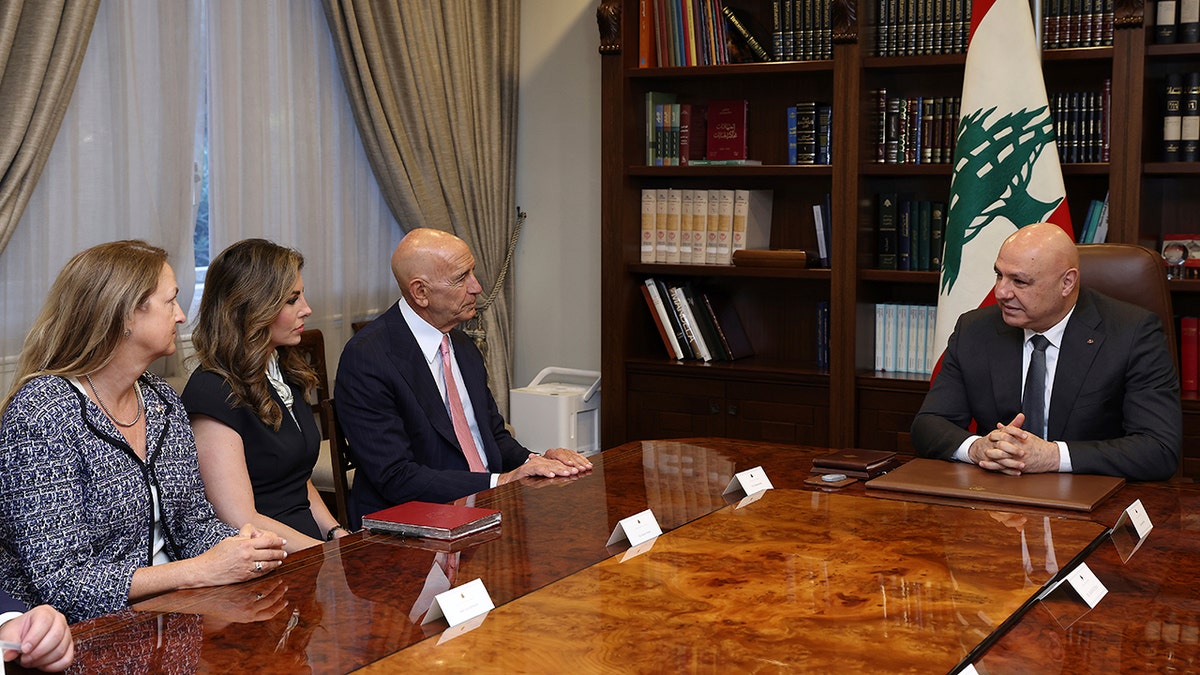 Lebanese President Joseph Aoun meeting with U.S. envoys Tom Barrack, Morgan Ortagus, and Lisa A. Johnson at presidential palace