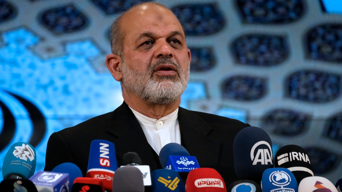 Iran's Interior Minister Ahmad Vahidi briefing media in Tehran