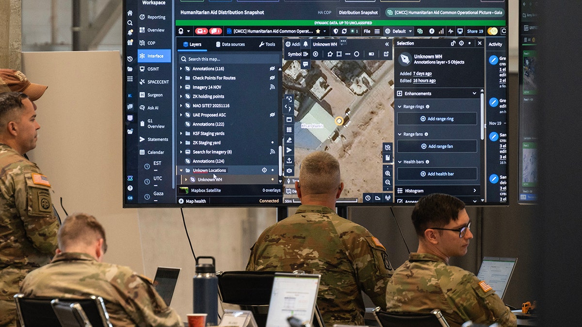 Personnel working at the U.S.-led Civil-Military Coordination Centre in Kiryat Gat