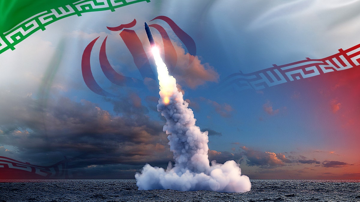 Illustration of a missile launching with Iran's flag in the background
