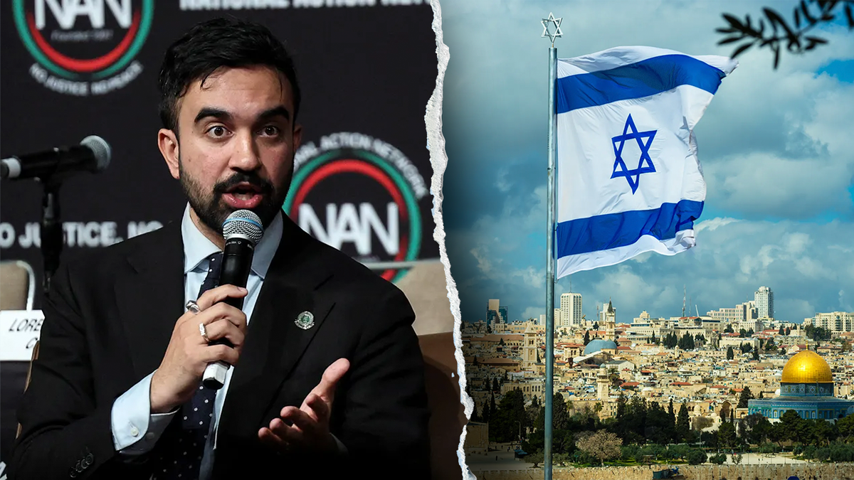 Zohran Mamdani and Israeli flag with city of Jerusalem in the background