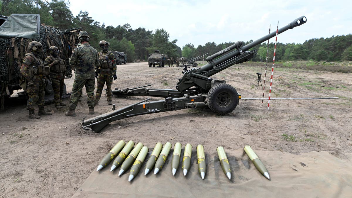 Ammunition for a howitzer displayed at a German army base during NATO training in Munster