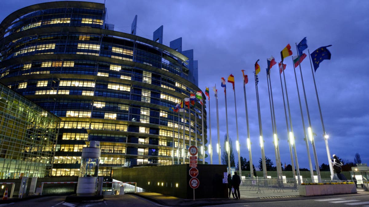 European Union flags blowing in the wind outside the European Parliament building in Strasbourg, France.