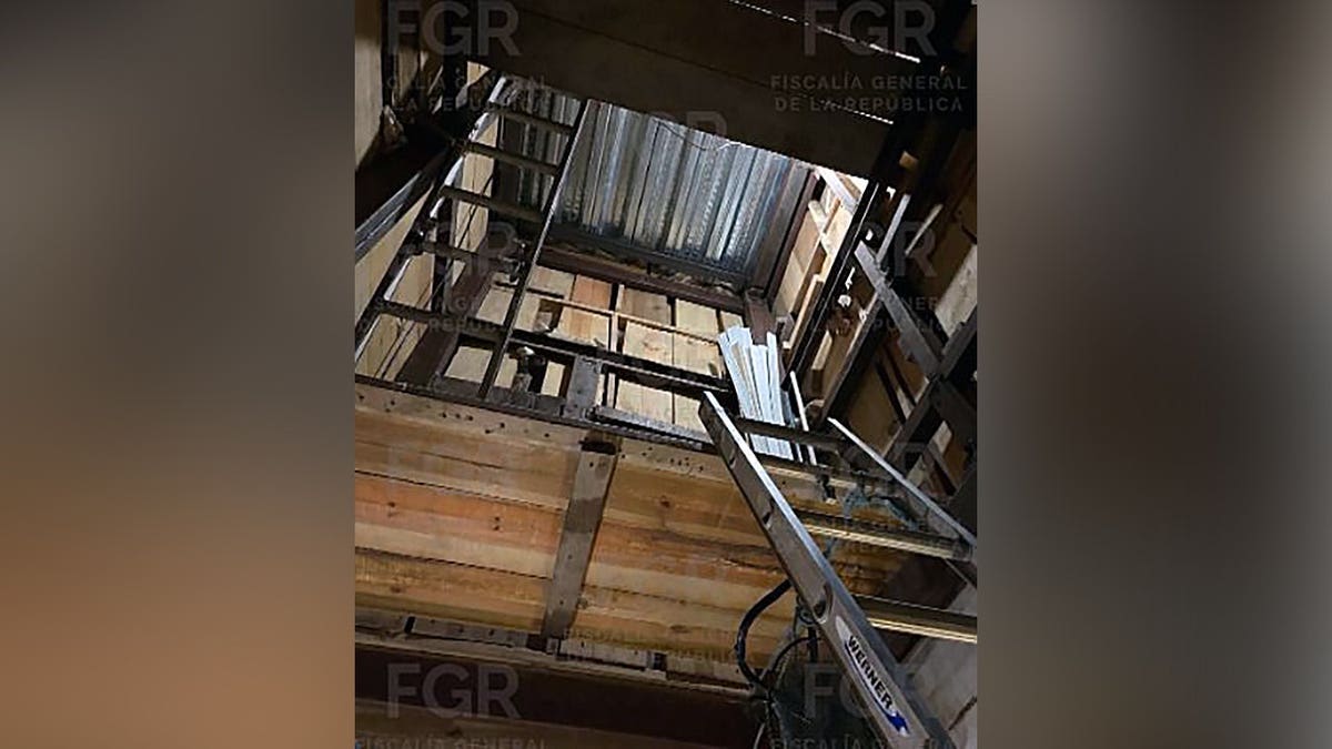 View looking upward through a vertical shaft with a ladder leading to the surface above.