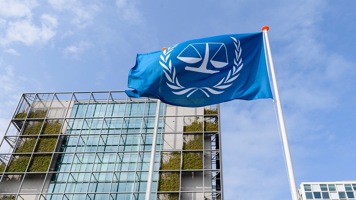 The ICC flag flies in in Den Haag, Netherlands.