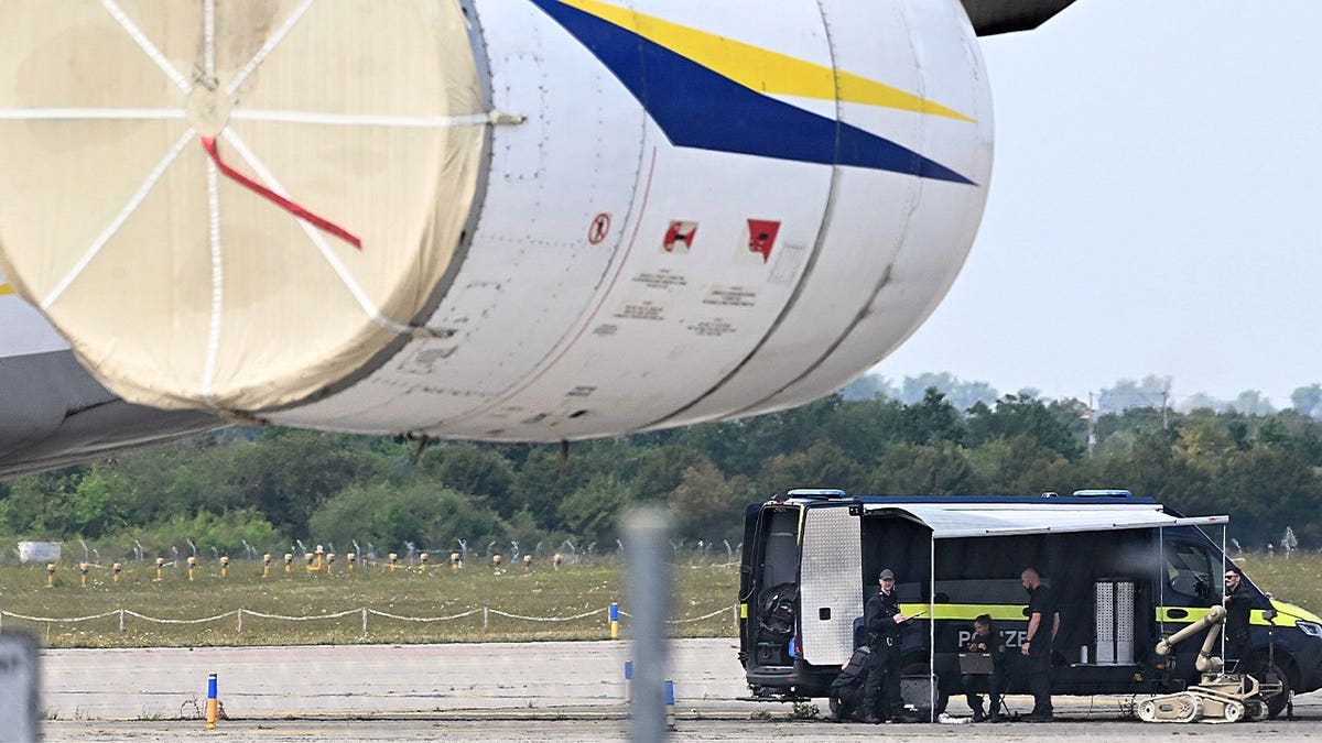 A drone carrying explosives positioned next to a Ukrainian plane at Leipzig/Halle Airport in Germany.
