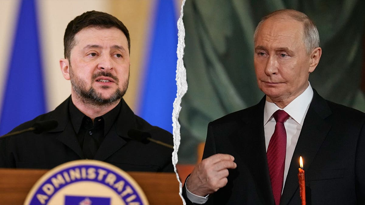 A composite image of Ukrainian President Volodymyr Zelenskyy speaking at a podium split with Russian President Vladimir Putin crosses himself at Orthodox Easter service