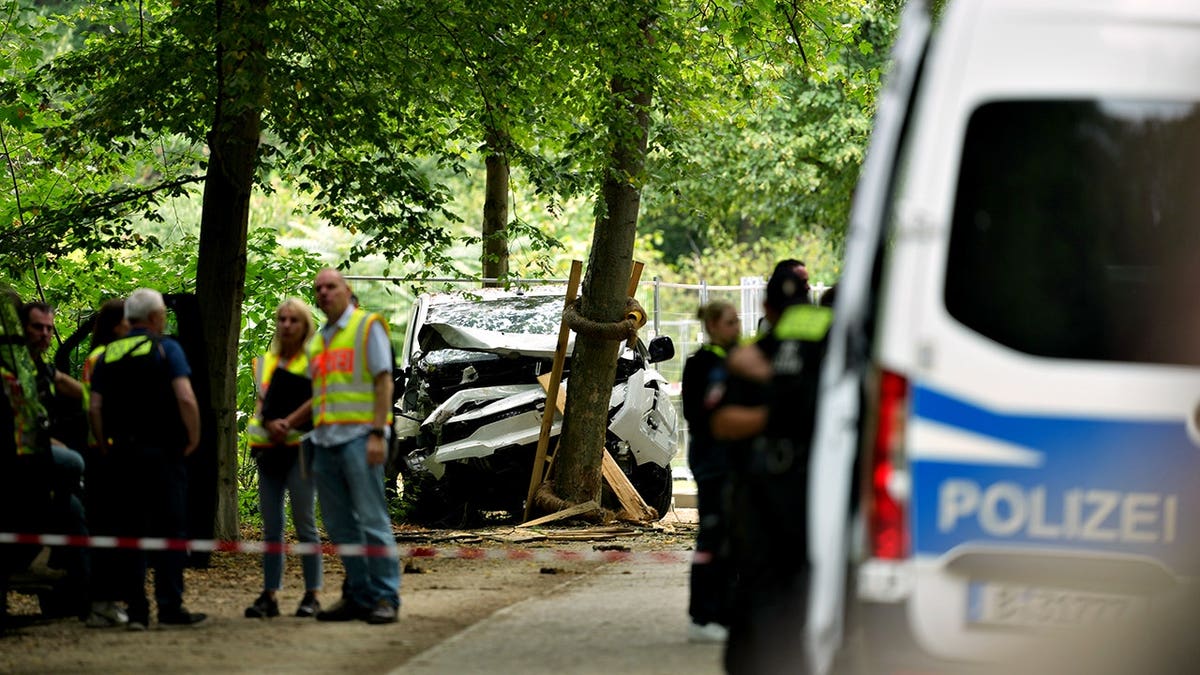 Police officers stand near a vehicle crashed into a tree in Berlin.