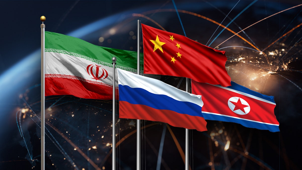 Iran and its allies North Korea, Russia and China with a globe in the background.