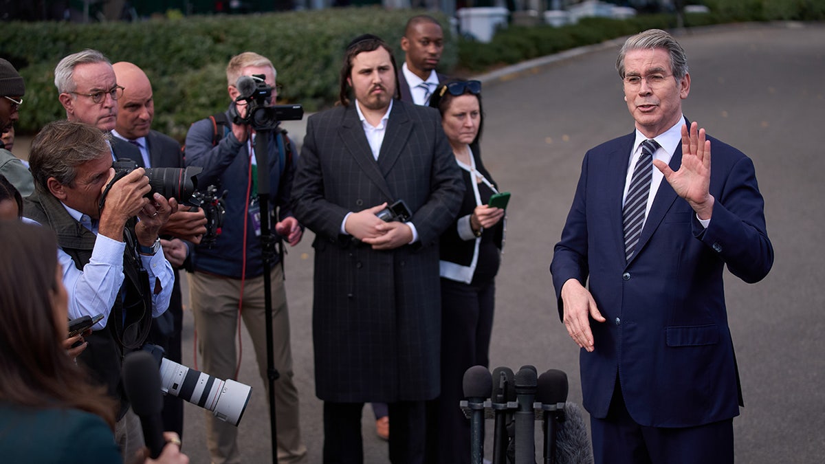 Treasury Secretary Scott Bessent speaks with reporters at the White House, Wednesday, Oct. 22, 2025.