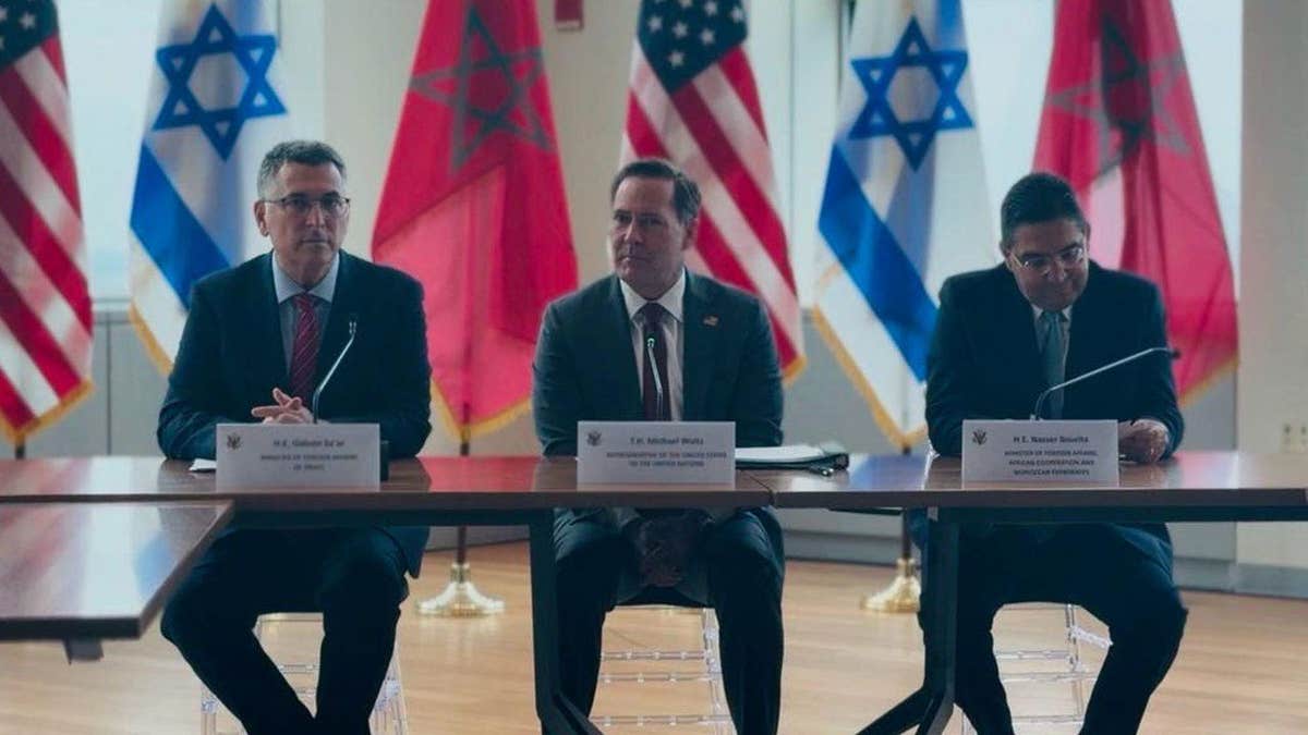 U.S. Ambassador to the United Nations Mike Waltz, Moroccan Foreign Minister Nasser Bourita and Israeli Foreign Minister Gideon Sa’ar meet at the U.S. Mission to the United Nations in New York on Sept. 16, 2026