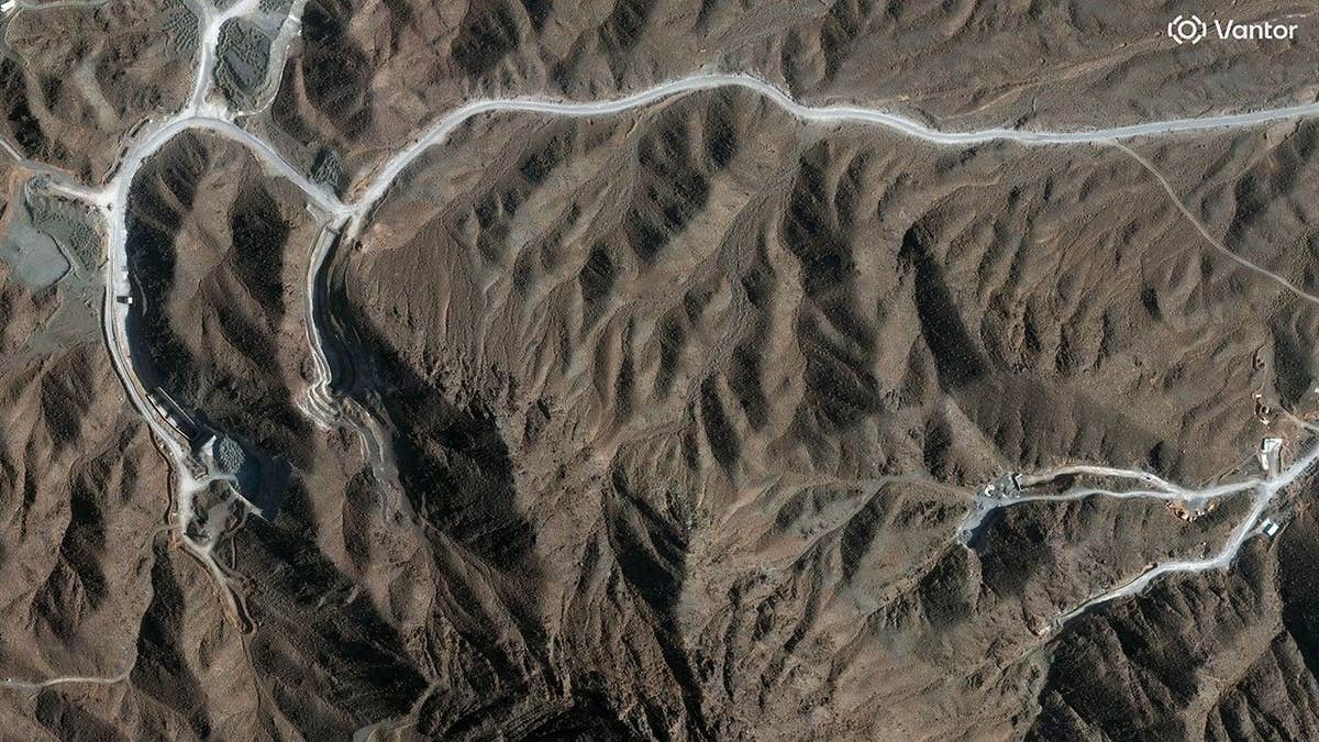 A closer view of tunnel entrances at Iran’s Pickaxe Mountain, near the Natanz nuclear complex, seen in satellite imagery