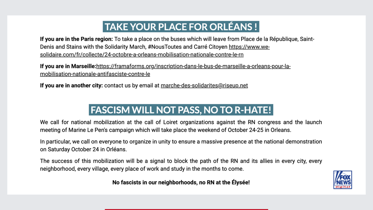 A wide coalition of groups including Antifa organizations is moving protesters to protests Oct. 24, 2026, in France.