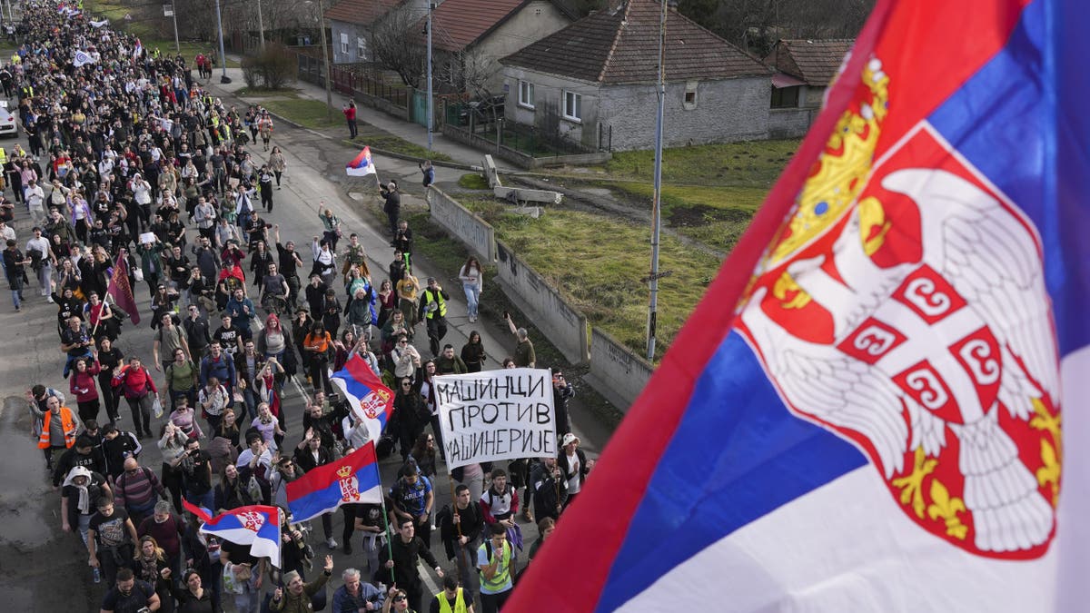 Students walk on the road towards the northern city of Novi Sad, where they will participate in a 24-hour block of three bridges to protest the deaths of 15 people killed in the November collapse of a train station canopy, near the Belgrade suburb of Batajnica, Serbia, Thursday, Jan. 30, 2025.